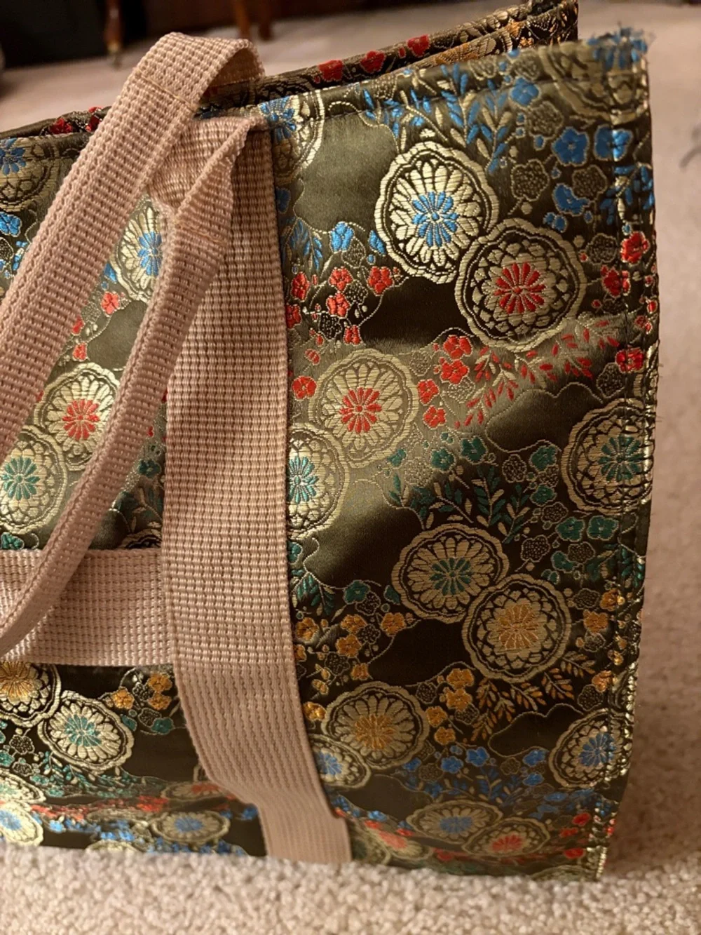 Oriental Olive Green Vibrant Floral Jacquard Satin Tote Bag with Beige Straps - Picture 4 of 16